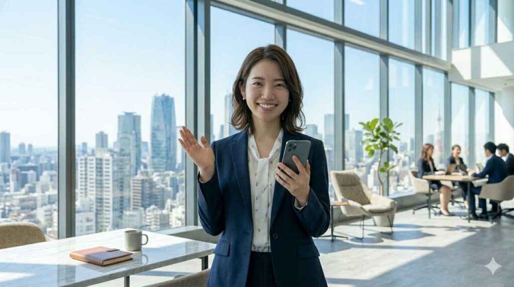 smiling business woman professional office light smartphone