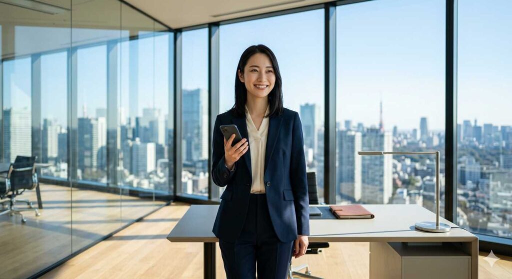 smiling business woman professional smartphone cafe light