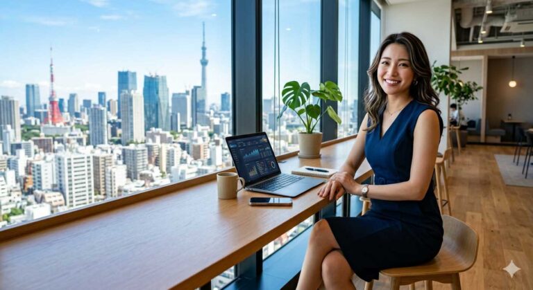 Professional woman in a navy dress sits at a high window desk, smiling at the camera with a laptop showing charts and a city skyline behind her.