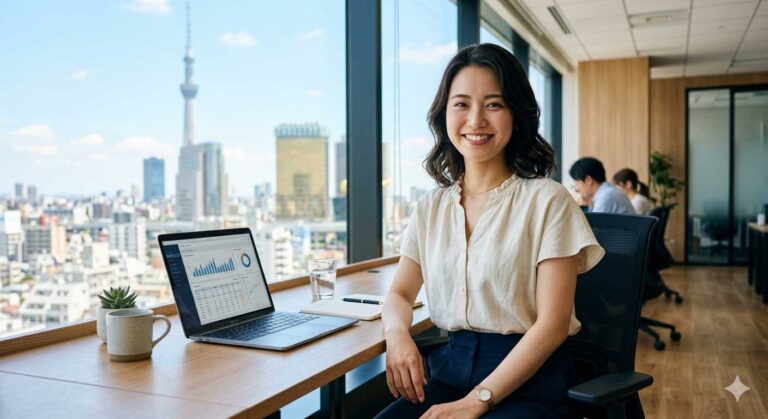 Woman in a light blouse sits at a desk by a large window, smiling, with a laptop, plant, and notebook nearby.