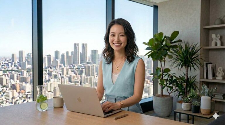 A woman sits at a desk with a laptop, smiling, in a bright office overlooking a city skyline with plants nearby.