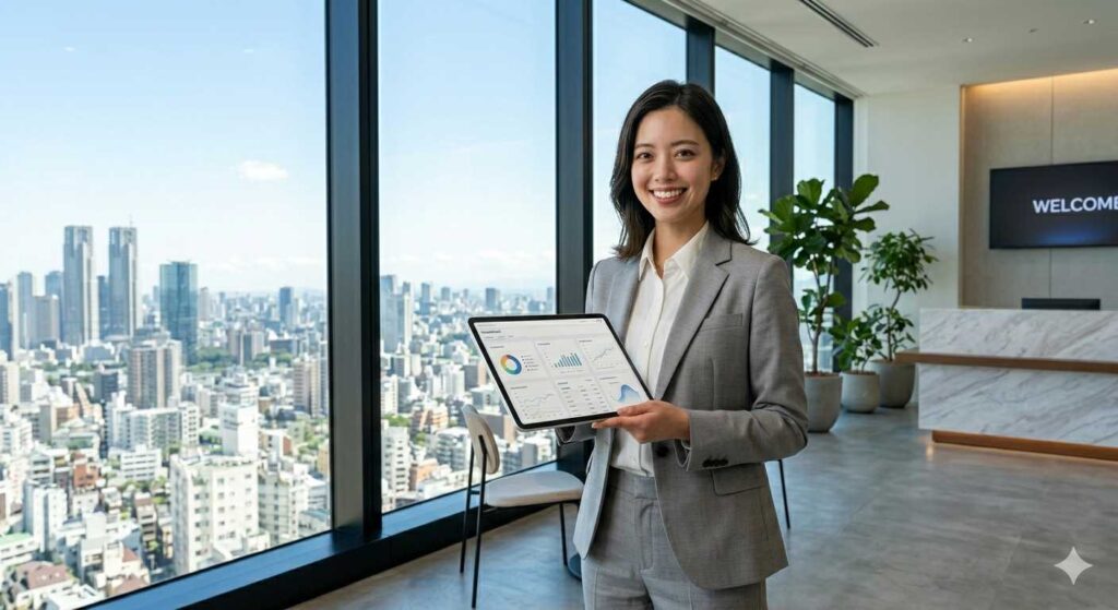 Professional woman in a gray suit holds a tablet showing charts in a bright office with a city skyline outside the window.