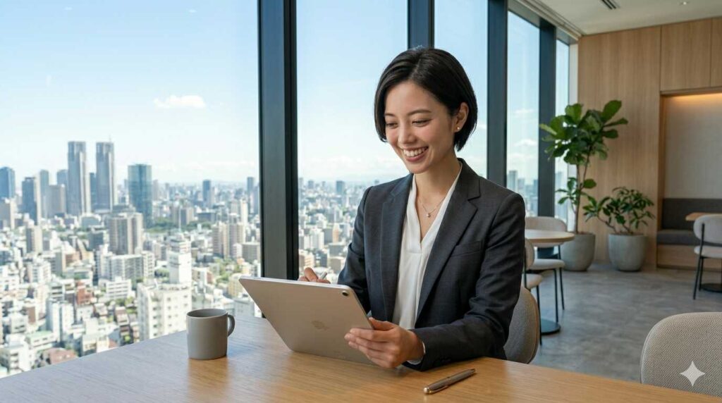 Professional woman in a dark blazer using a tablet at a desk by a large window with a city skyline.