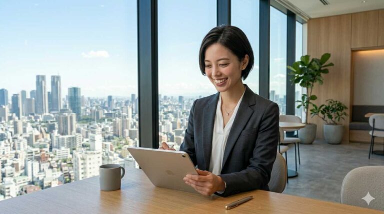 Professional woman in a dark blazer using a tablet at a desk by a large window with a city skyline.