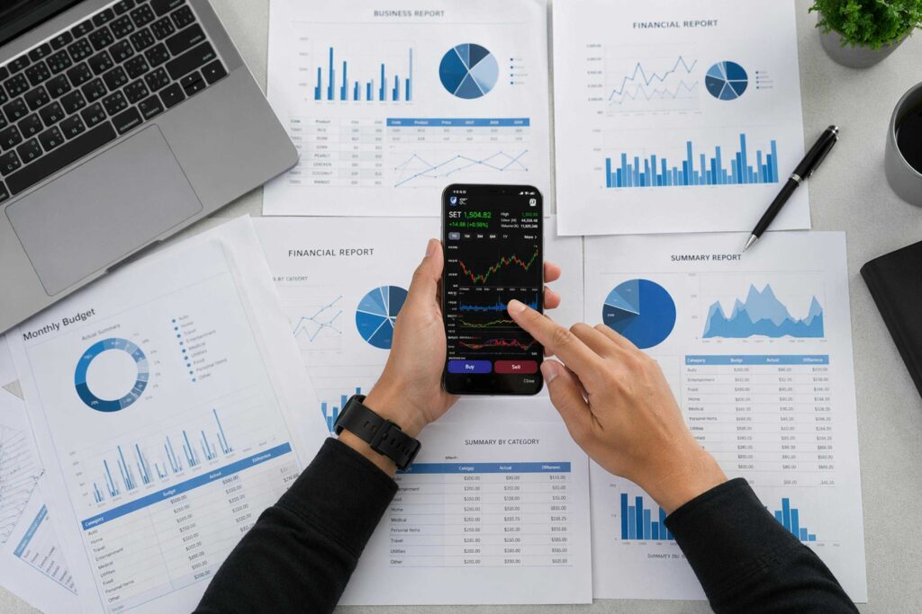 Person holding a smartphone over a desk scattered with financial reports and charts, reviewing data while a laptop sits nearby.