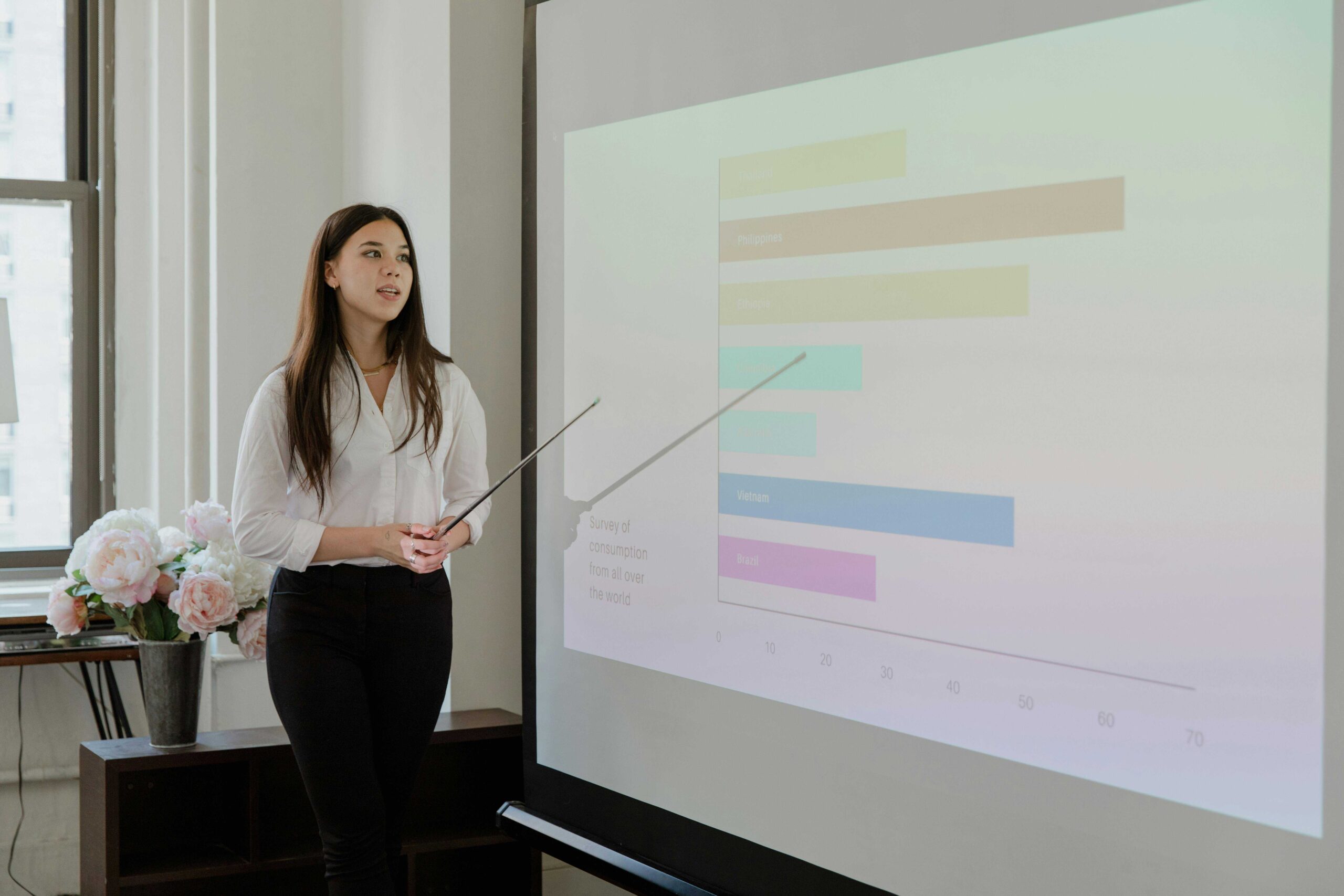 Woman presenting beside a projected multi-color bar chart; pink flowers in a vase on a table to the left.