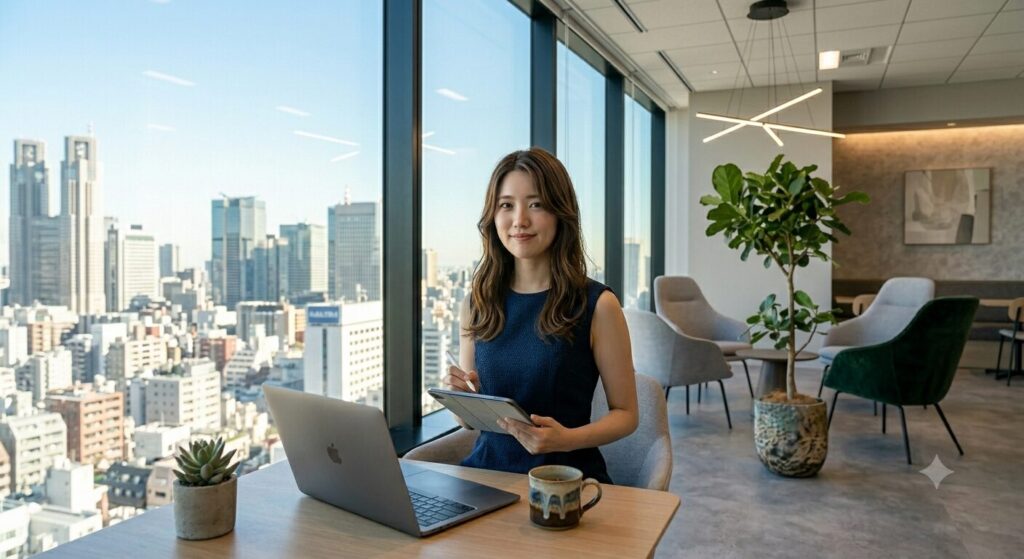 Professional woman in a navy dress sits at a wooden desk by floor-to-ceiling windows, using a laptop and tablet with a city skyline view behind her.