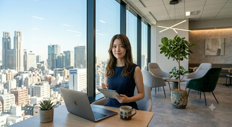 Professional woman in a navy dress sits at a wooden desk by floor-to-ceiling windows, using a laptop and tablet with a city skyline view behind her.