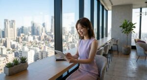 Woman in a lavender dress sits at a long windowed counter, using a tablet with a city skyline behind her.