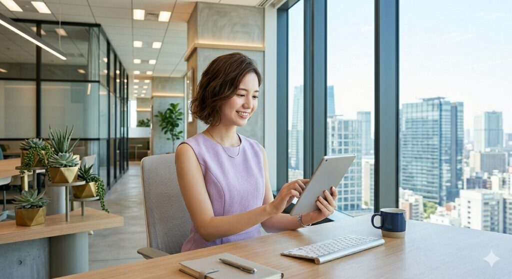 Woman in a lavender dress uses a tablet at a desk by a large window overlooking a city skyline in a modern office.