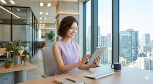Woman in a lavender dress uses a tablet at a desk by a large window overlooking a city skyline in a modern office.
