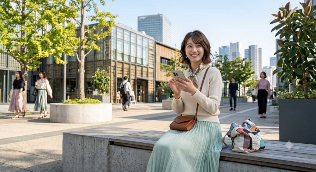 Woman sitting on a wooden bench in a city plaza, smiling while looking at her smartphone, with a brown crossbody bag and a patterned tote on the bench nearby.
