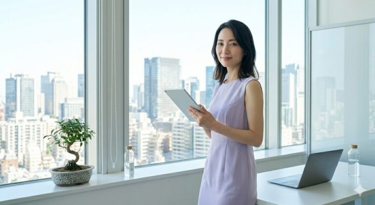 Professional woman in a lavender dress stands by a window using a tablet, city skyline in the background with a laptop on the desk.