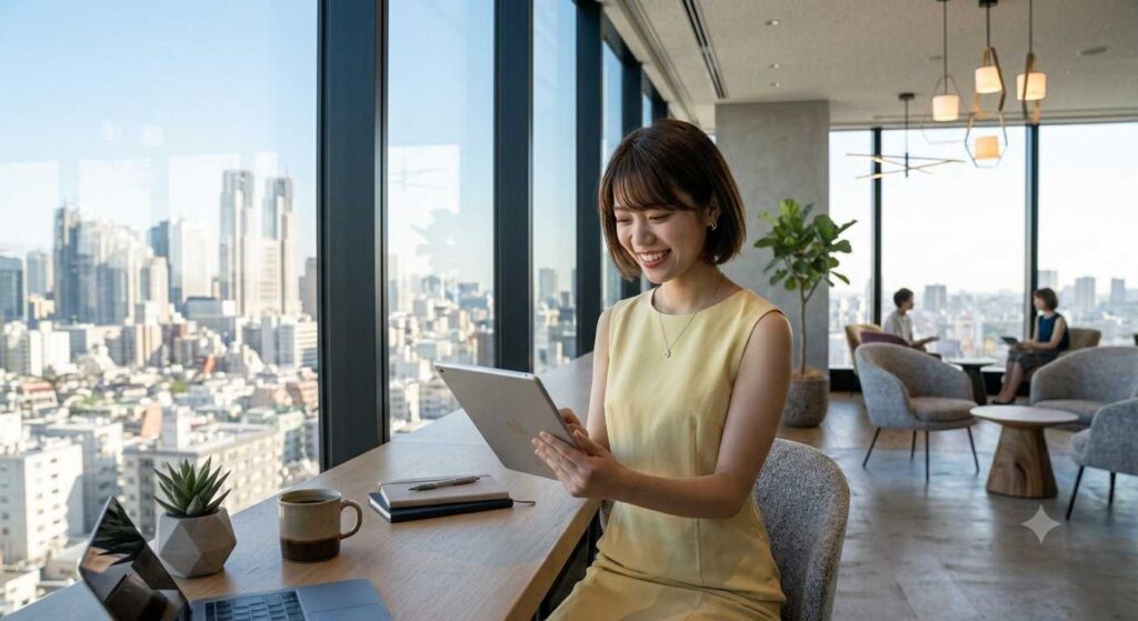 Woman in a pale yellow sleeveless dress uses a tablet at a high-rise lounge by large windows overlooking the city.