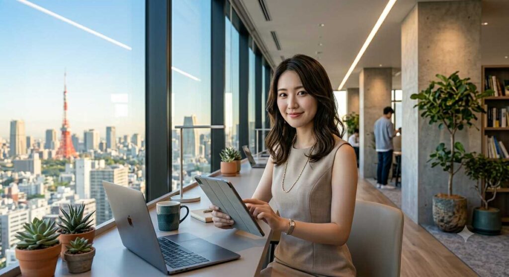 Professional woman in a beige sleeveless dress sits at a high desk by large windows in a modern office, using a tablet with a laptop nearby, plants and city skyline visible in the background.