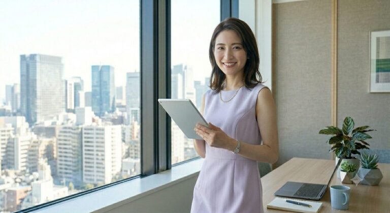 Smiling woman in a lavender sleeveless dress holds a tablet by a window overlooking a city skyline.