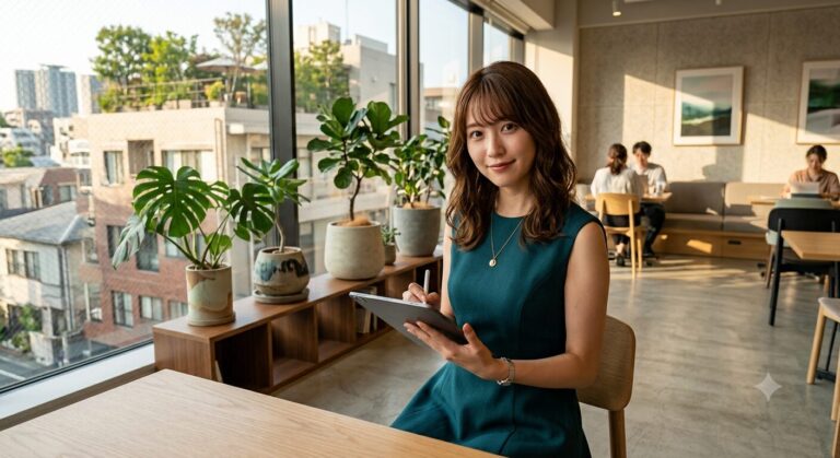 Woman in a teal dress sits by a large window, writing on a tablet in a bright, plant-filled cafe/co-working space.