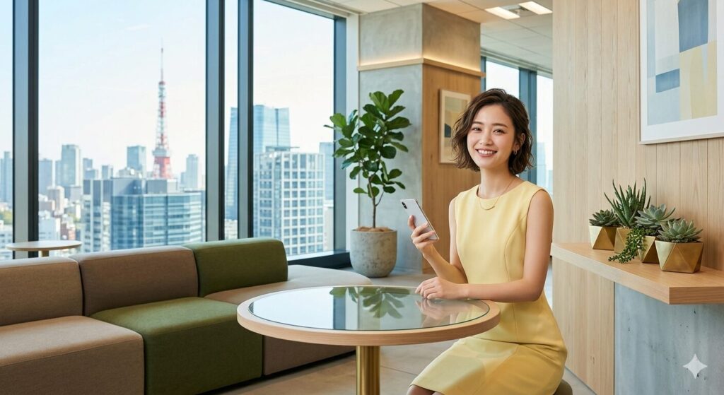 Woman in a pale yellow sleeveless dress sits at a round glass table in a bright office lounge, holding a smartphone and smiling with a city skyline behind her.