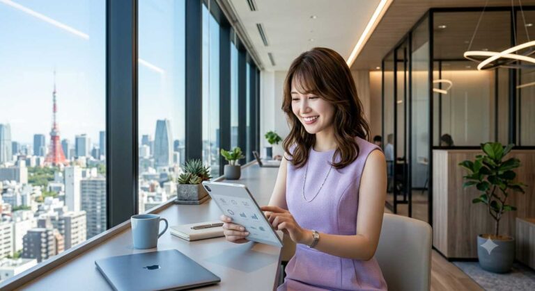 Smiling woman in a lavender dress reads a tablet at a high-rise office desk overlooking the city skyline.