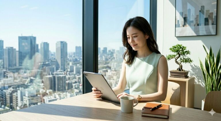 Woman sits at a bright office desk near a large window overlooking a city skyline, using a tablet with a mug and notebook nearby.