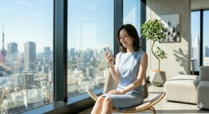 Woman in a light blue sleeveless dress sits in a modern lounge by floor-to-ceiling windows, smiling at her smartphone with a city skyline in the background.