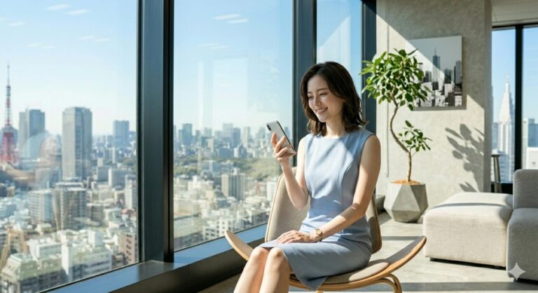 Woman in a light blue sleeveless dress sits in a modern lounge by floor-to-ceiling windows, smiling at her smartphone with a city skyline in the background.