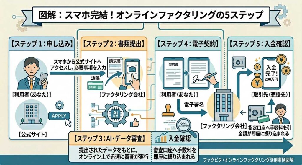 Online factoring in 5 steps: applicant submits through official site to factor company, then AI review and funding steps are shown.