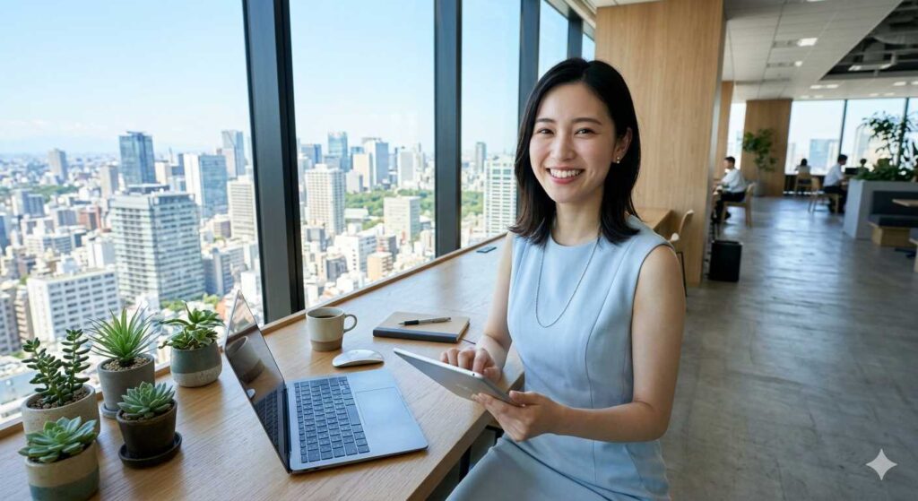 Smiling woman in a light blue sleeveless dress using a tablet at a wooden desk by a city-view window.