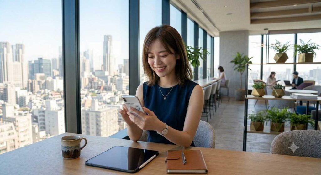 Smiling woman in a navy sleeveless top sits at a sunny high-rise office cafe, looking at her smartphone.