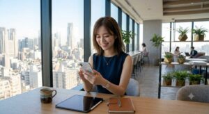 Smiling woman in a navy sleeveless top sits at a sunny high-rise office cafe, looking at her smartphone.