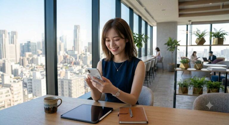 Smiling woman in a navy sleeveless top sits at a sunny high-rise office cafe, looking at her smartphone.