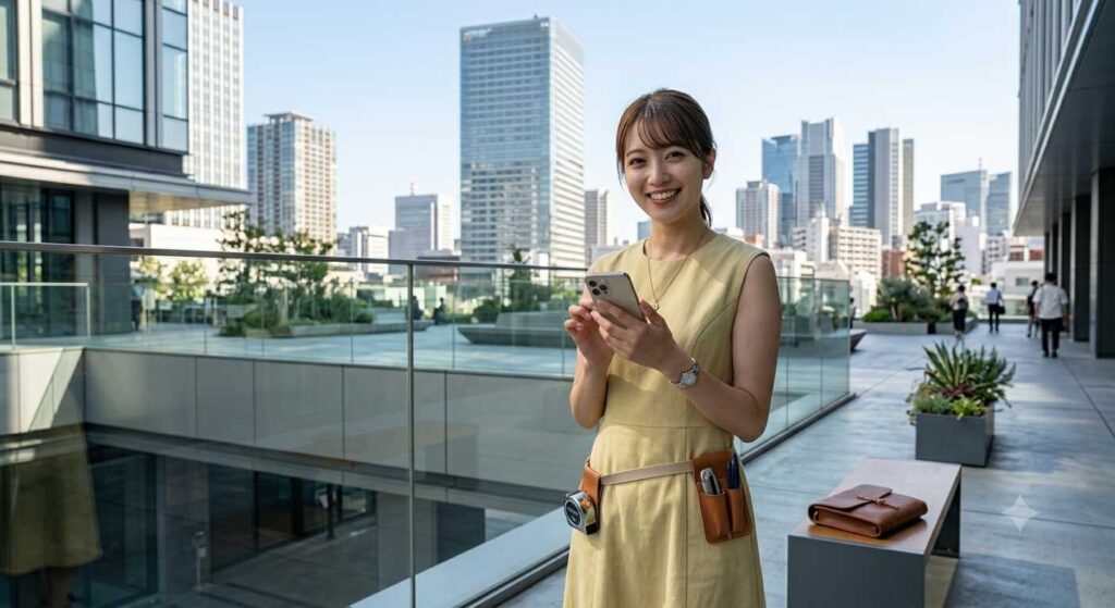 Smiling woman in a beige dress stands on a glass-walled terrace, looking at her phone with city skyscrapers behind her.