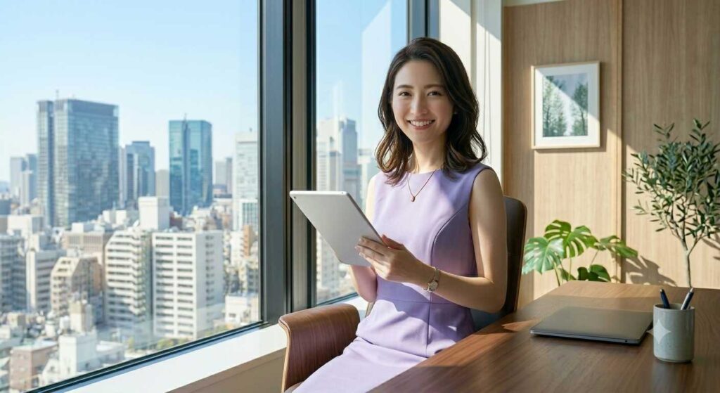 Smiling woman in a lavender dress sits at a wooden desk by a large window, holding a tablet with a city skyline in view.