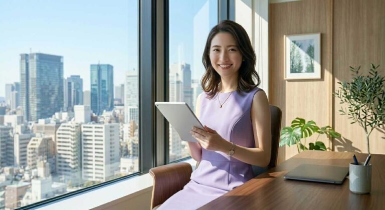 Smiling woman in a lavender dress sits at a wooden desk by a large window, holding a tablet with a city skyline in view.