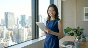 Professional woman in a blue sleeveless dress stands by a window, holding a tablet in an urban office setting.