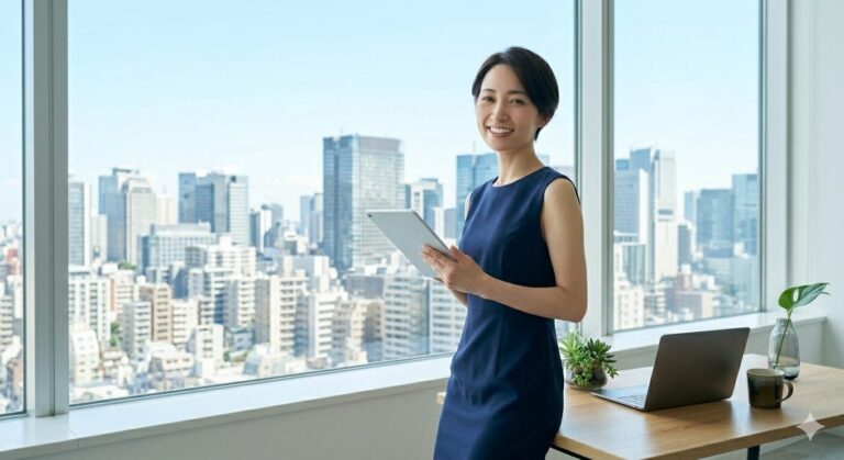Smiling woman in a navy dress stands by a window overlooking a city, holding a tablet; a desk with a laptop, plant, and mug sits nearby.