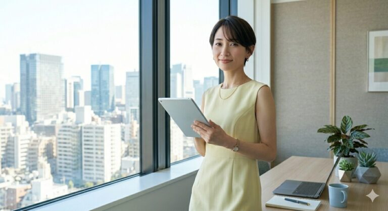 Professional woman in a pale yellow dress stands by a window, holding a tablet with a city skyline visible outside.