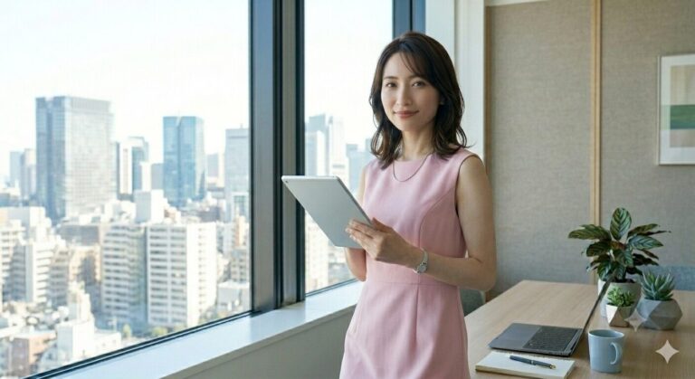 Professional woman in a pink dress holds a tablet by a large window with a city skyline in view at her office desk.