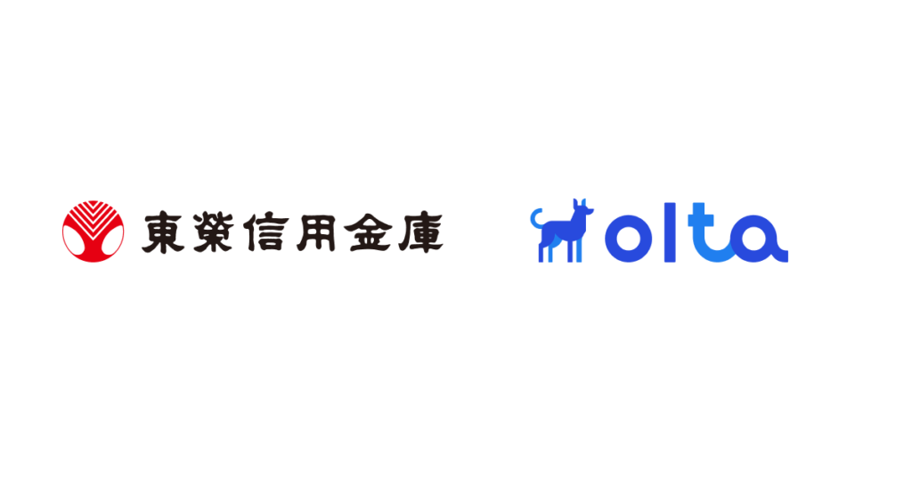 Left: red circular emblem with Japanese text logo (bank), right: blue 'olta' logo with a camel icon.