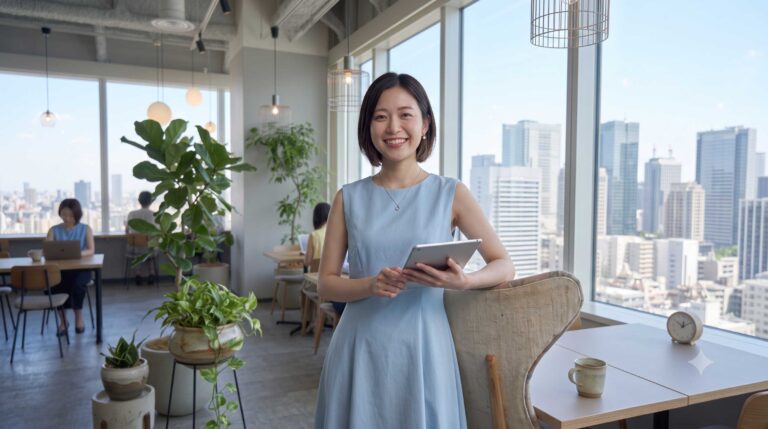 Smiling woman in a light blue dress holds a tablet in a bright, plant-filled office with large windows overlooking a city skyline.