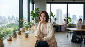 Woman seated at a wooden counter by large windows with potted plants, smiling at the camera in a bright office overlooking the cityscape.