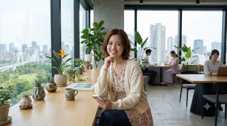 Woman seated at a wooden counter by large windows with potted plants, smiling at the camera in a bright office overlooking the cityscape.