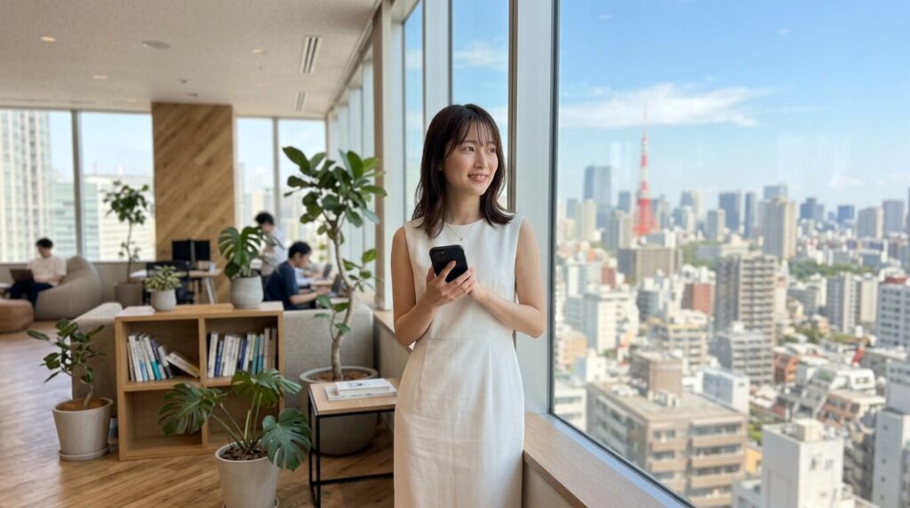 Woman in a white sleeveless dress stands by a large office window, smiling while holding a smartphone with a city skyline in the background.