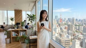 Woman in a white sleeveless dress stands by a large office window, smiling while holding a smartphone with a city skyline in the background.
