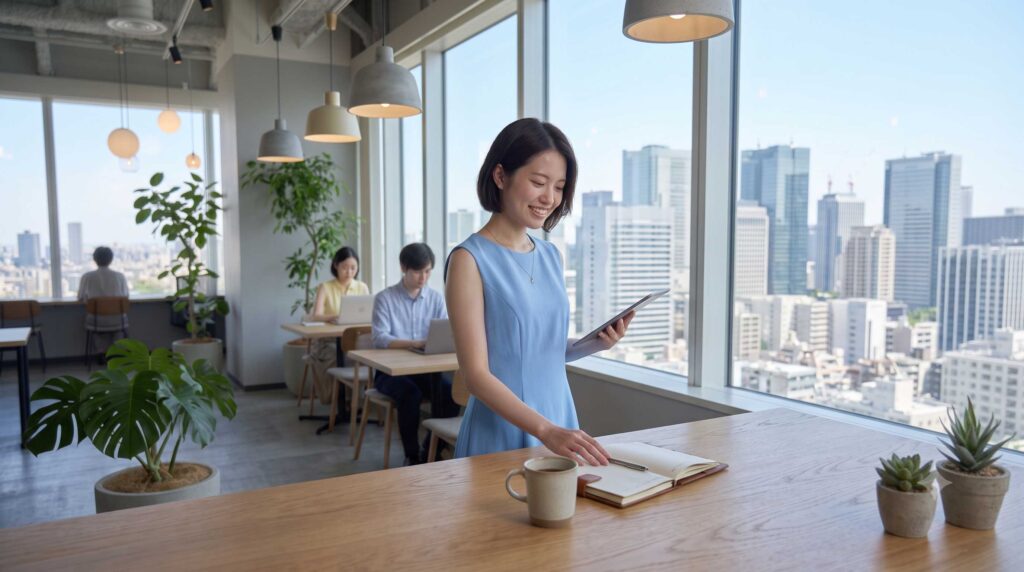 Woman in a blue dress stands at a counter with a tablet, in a bright office with a city skyline visible outside.