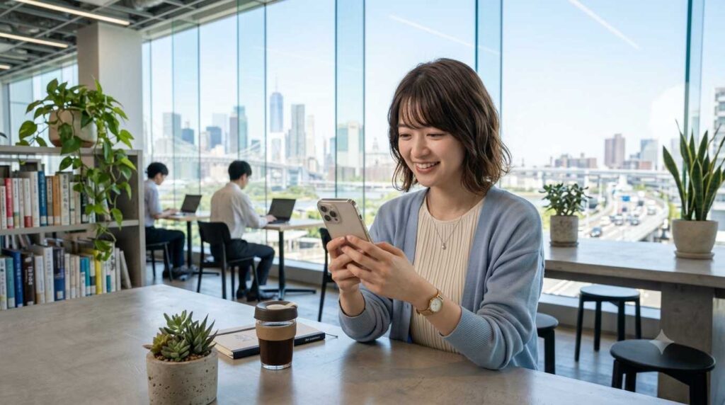 Woman smiles while looking at her smartphone in a bright office cafe with a city view behind her.
