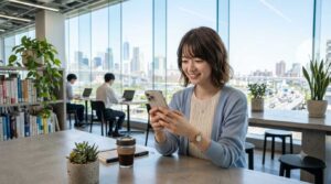 Woman smiles while looking at her smartphone in a bright office cafe with a city view behind her.