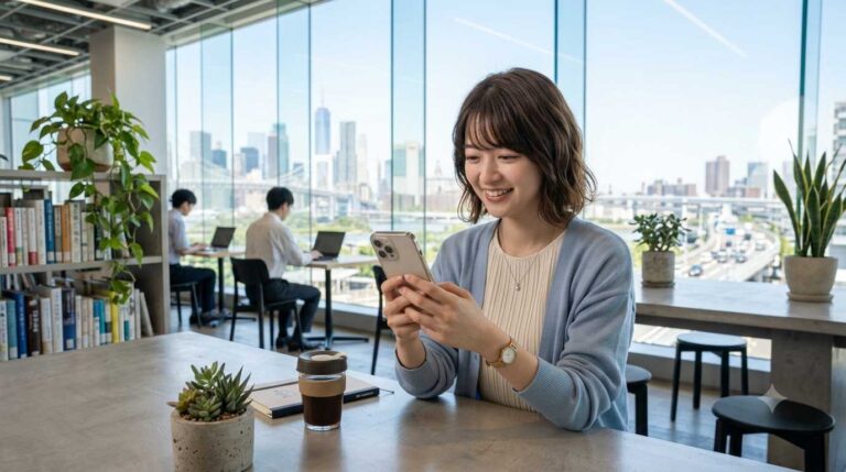 Woman smiles while looking at her smartphone in a bright office cafe with a city view behind her.