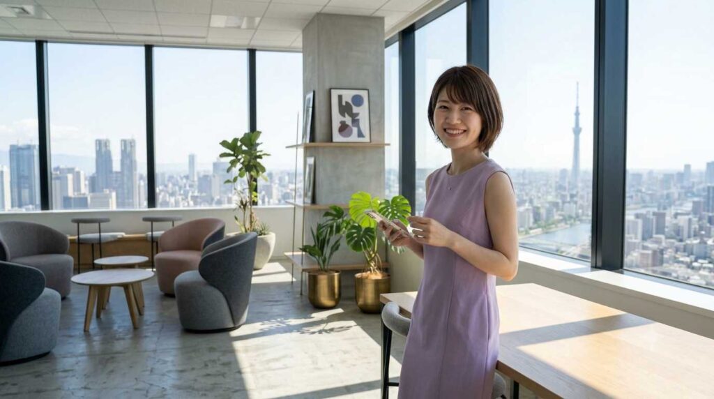 Smiling woman in a lavender sleeveless dress standing by a wooden table in a bright office with large windows and a city skyline outside.