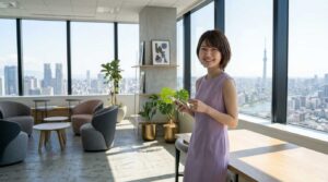 Smiling woman in a lavender sleeveless dress standing by a wooden table in a bright office with large windows and a city skyline outside.